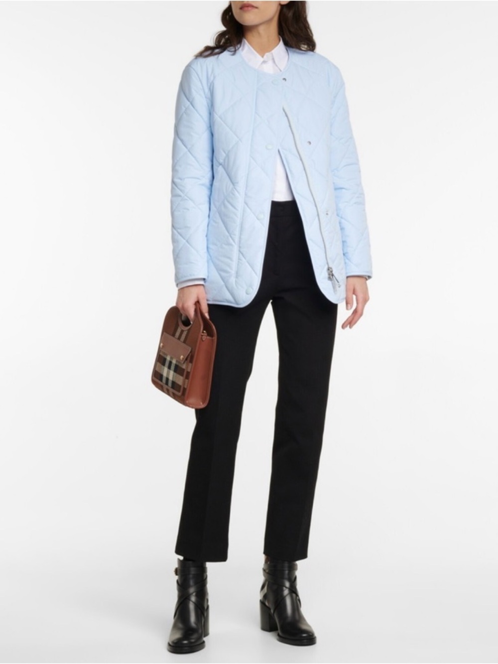 Burberry Diamond Quilted Collarless Barn Blue Jacket with Plaid Lining
